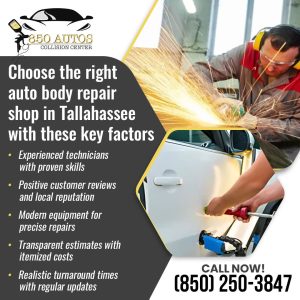 A picture showing a technician working on a car door with sparks flying, symbolizing professional auto body repair. The text lists key factors for choosing an auto body shop, including experienced technicians, positive reviews, modern equipment, transparent estimates, and realistic turnaround times.