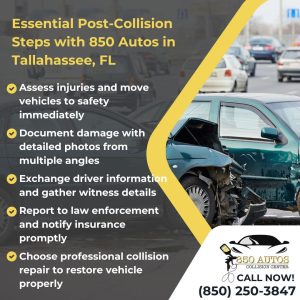 Image featuring a damaged green car on a busy road. Text lists 5 essential post-collision steps with 850 Autos in Tallahassee, FL: assess injuries/move vehicle, document damage with photos, exchange info/gather witness details, report to law enforcement/notify insurance, and choose professional collision repair.